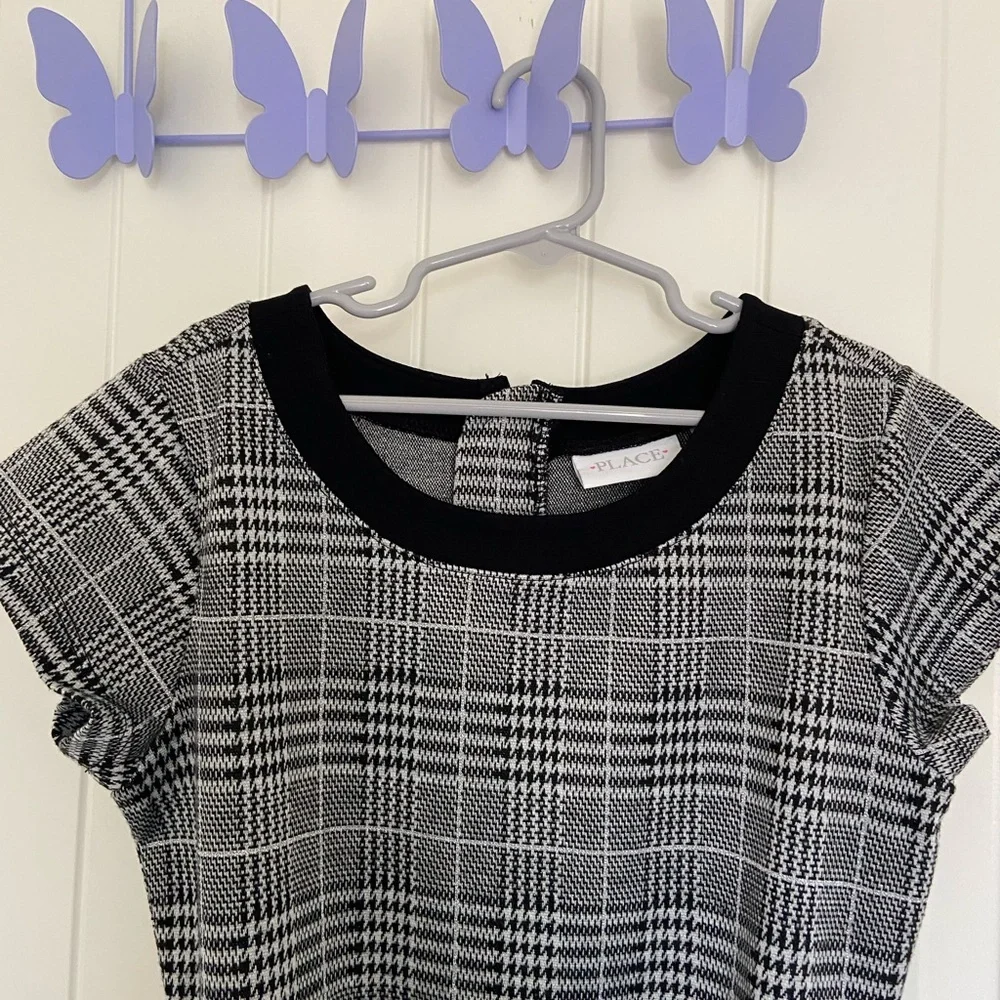 EUC Children’s Place girl’s black white plaid bow belt zip dress‎ size 12
